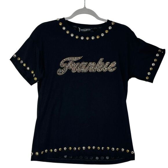 Frankie Morello Gold and Silver Studded Black Tee Shirt | S - Picture 1 of 7